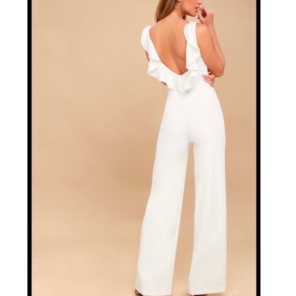 Lulu’s white open ruffle back jumpsuit